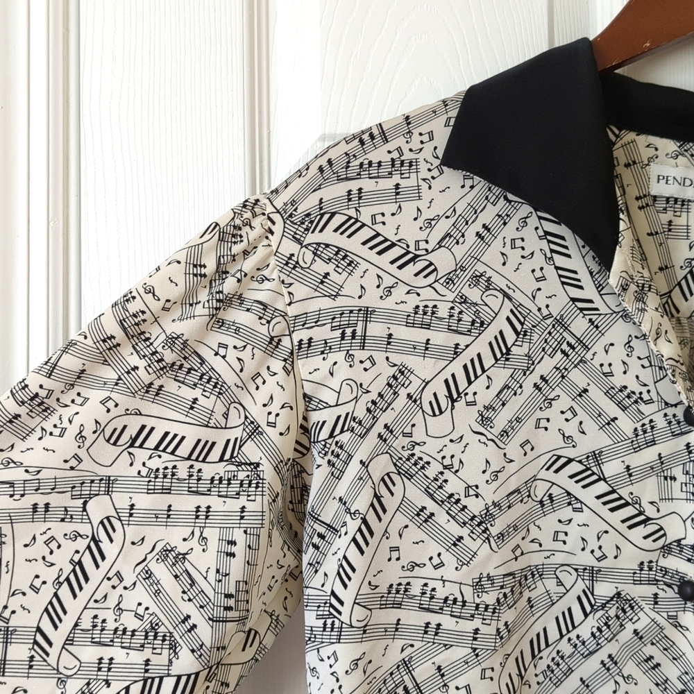 Pendleton 90's Vintage Silky Sheet Music Print Button Down Blouse Cream Black 4 - Picture 5 of 11
